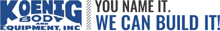 "KOENIG BODY AND EQUIPMENT, INC." is displayed in bold blue letters on the left, next to "PHONE: 317-784-3740," "FAX: 317-781-9164," both in a smaller font with a blue bar.